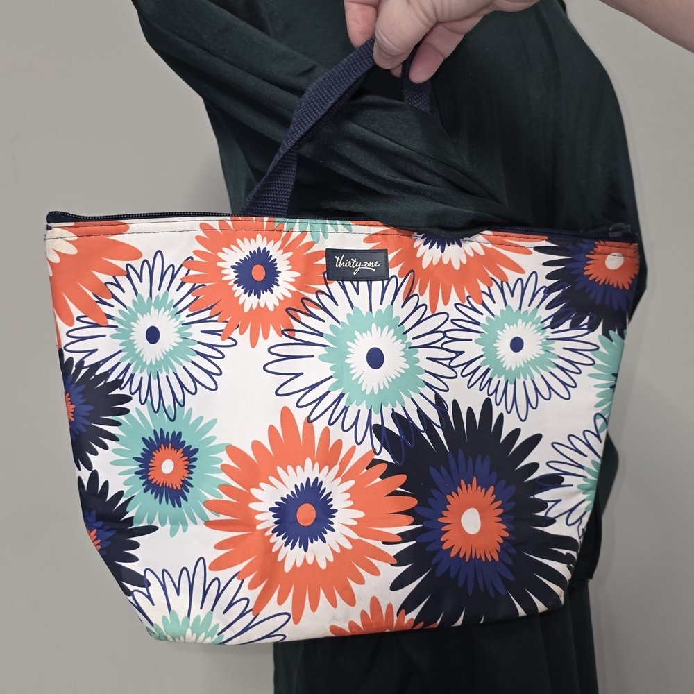 Thirty-One Navy and Orange Floral Shoulder Bag "KATHY" monogrammed